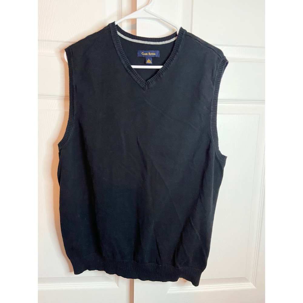 Club Room Large Black V-Neck Sweater Vest 100% Cotton Knit Layering Top